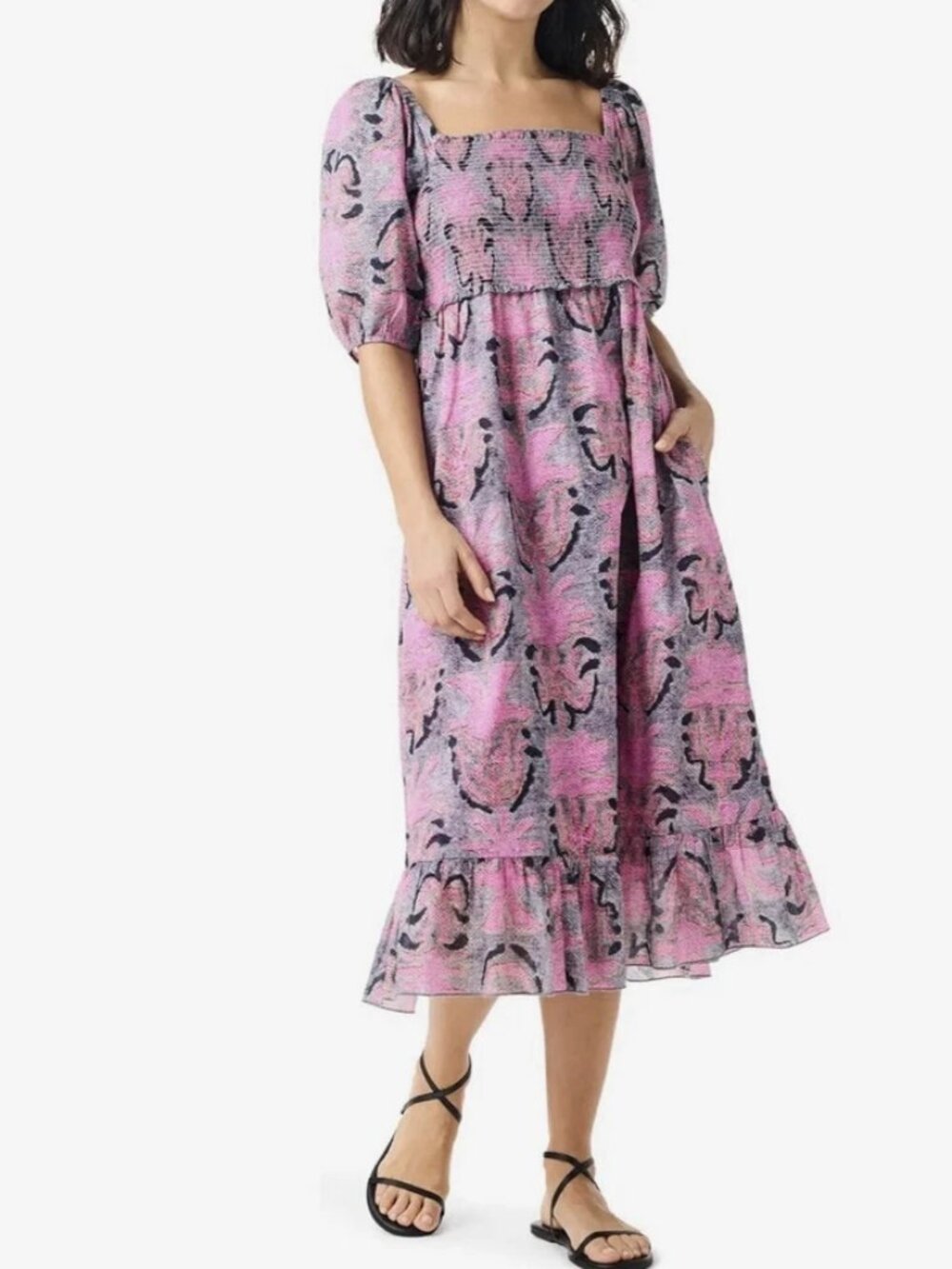 Nic+Zoe Petal Patch Dress Pink Floral Smocked Puff Sleeve Midi Size Large NWT